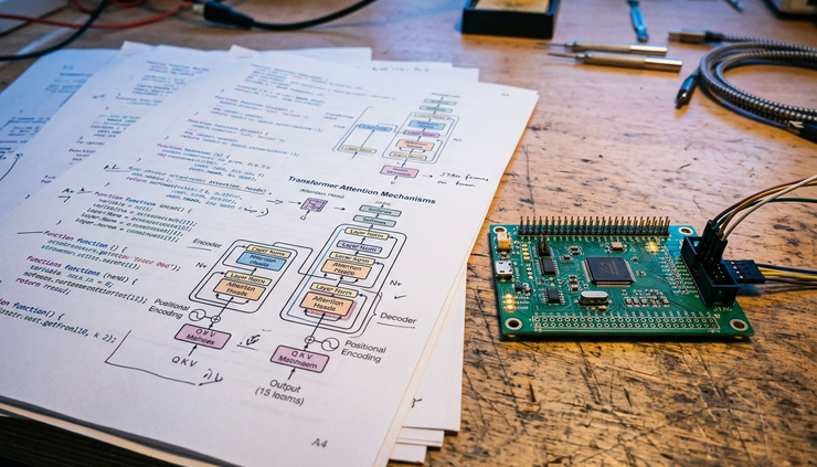 Close-up view of colored code printouts and model diagrams on a lab workbench