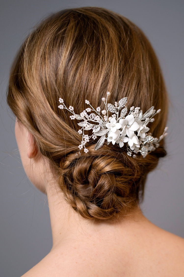 Thumbnail: Best Selling Bridal Hair Comb with White Resin Flowers, Crystals & Dainty Pearls