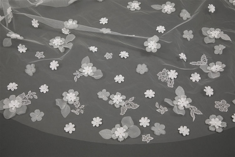 Thumbnail: 3-Dimensional Ivory Cathedral Bridal Veil 108" L x 90" W - Hand Cut Flowers