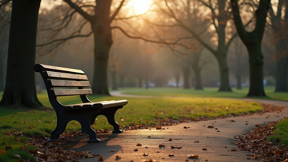 High angle view of a deserted park bench in a quiet setting
