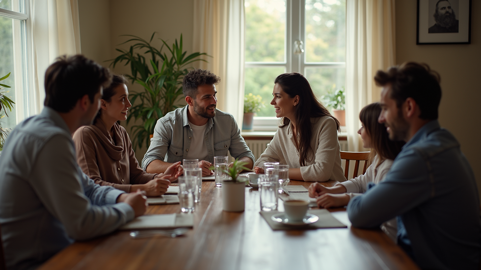 High angle view of a family sitting together around a table discussing