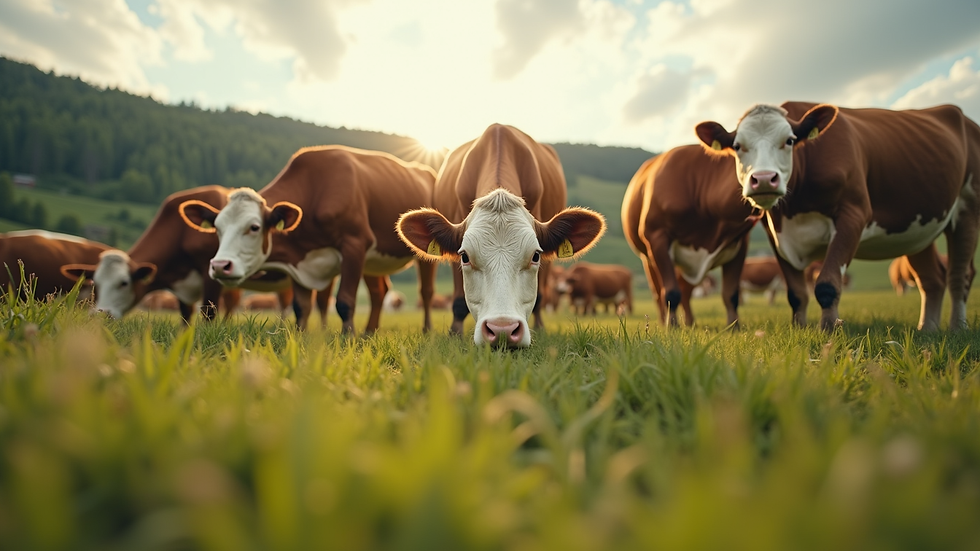 Eye-level view of a small village dairy farm with cows grazing