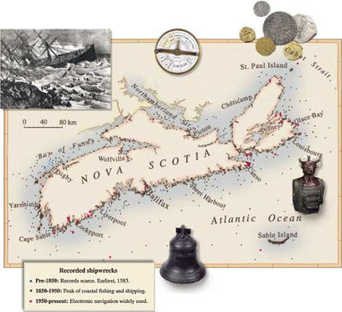 Map of Nova Scotia with recorded shipwreck information.