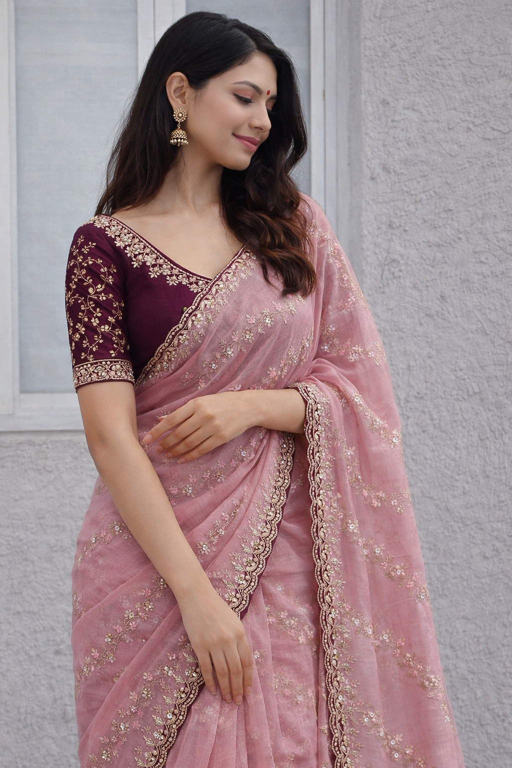 Blush Pink Embroidered Cotton Satin Saree
