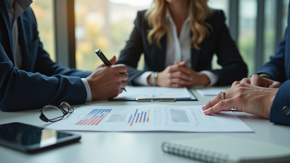 Eye-level view of a financial advisor explaining insurance options to a client