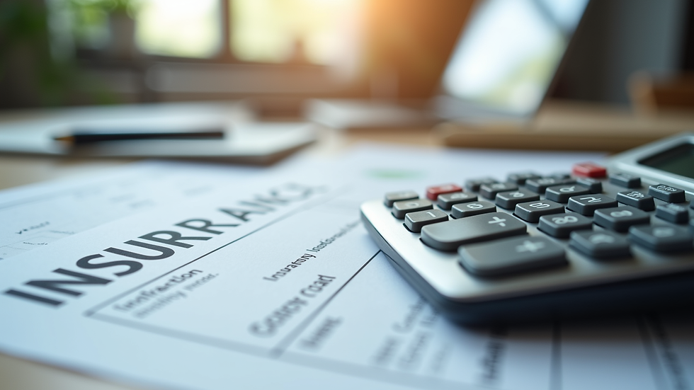 Close-up view of a calculator and insurance forms on a table