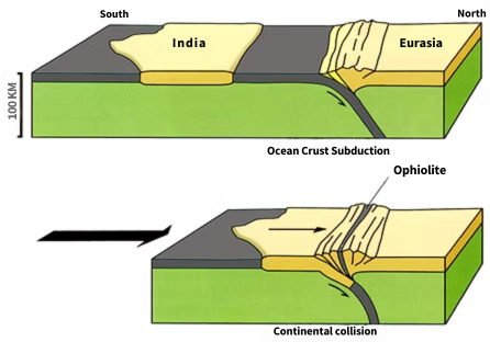 The continental collision that formed the himalayas is what threw ocean crust on top of continental crust