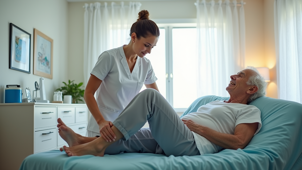Eye-level view of a physiotherapist assisting a cancer patient with gentle leg exercises in a bright therapy room
