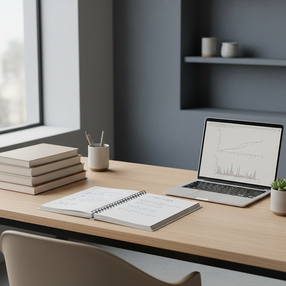 A laptop showing charts, with a notebook, books and a pen pot on a desk