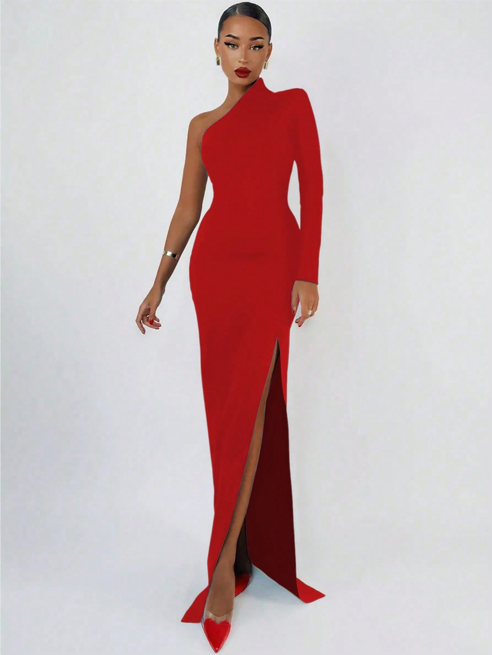 Miniatura: Vestido longo preto sexy e elegante de manga comprida com um ombro só, para a pr