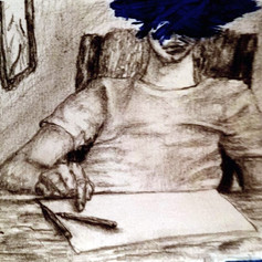 Sketch of boy sitting in a desk with blue paint smeared over face. Print size: 8.5X11