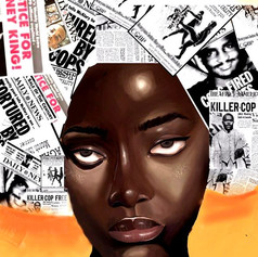 Woman of color with hair made out of collage of newspapers. Print size: 10X12