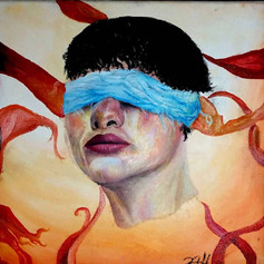 Man's head blindfolded by blue cloth. Print size: 8.5X11