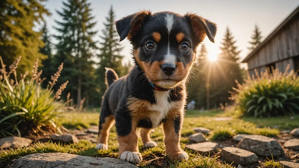 Wide angle view of a puppy exploring a new outdoor environment
