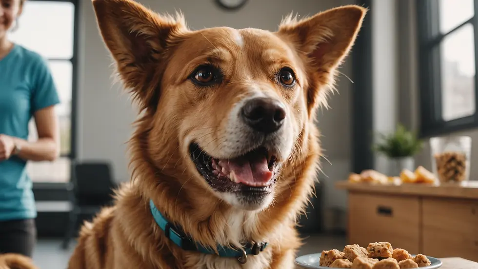Eye-level view of a happy dog receiving a treat during training