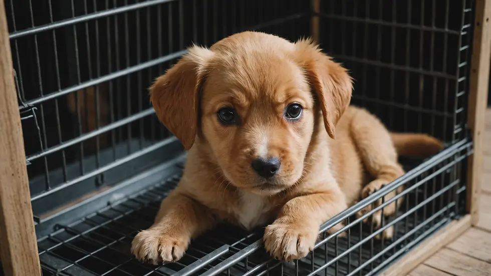 High angle view of a puppy calmly resting in its crate