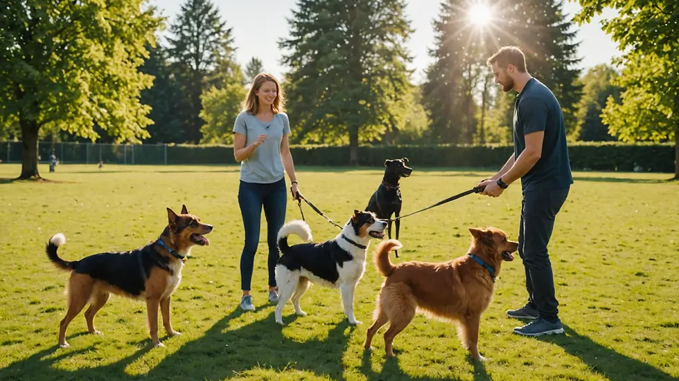 Wide angle view of a dog training session on a sunny day