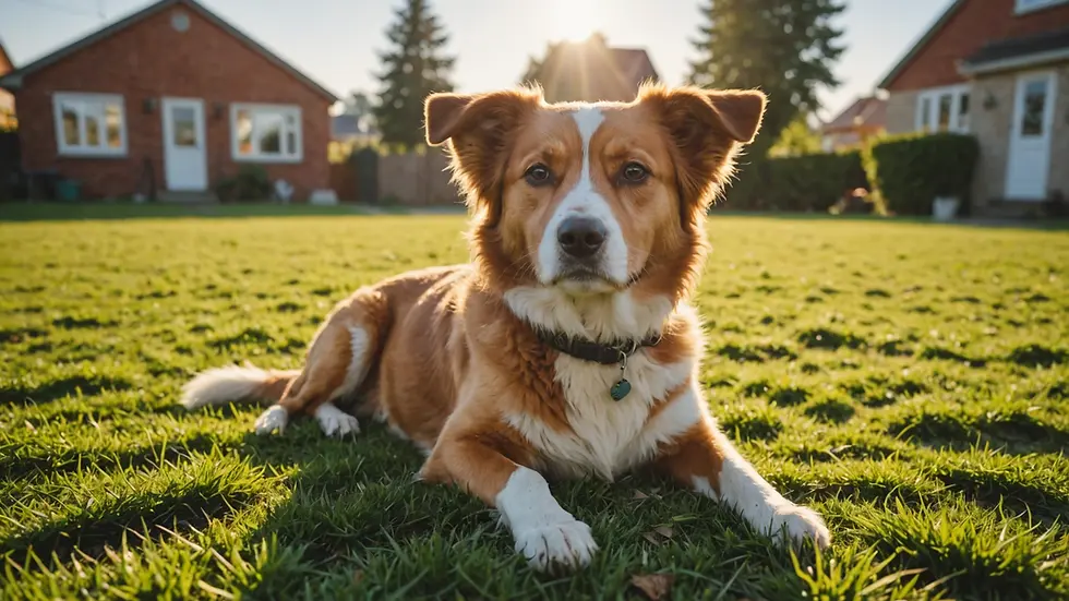 Wide angle view of a peaceful dog enjoying a sunny day in the yard