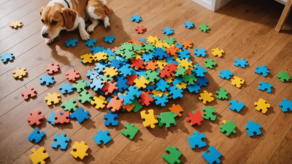 High angle view of puzzle toys scattered on a floor for dog enrichment