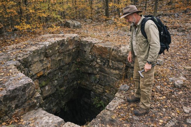 Ontario prospector looks down the entry shaft of Ore chimney mine while gold prospecting in Ontario