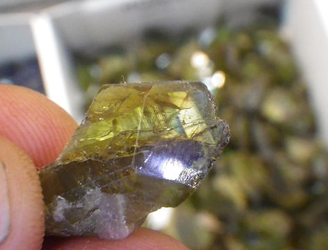 A box of small Pakistani sphene crystals - also known as titanite.