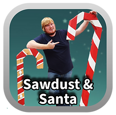 Aaron holding two 4x4 candy canes. "Sawdust and Santa" text linking you to the Christmas Builds category page