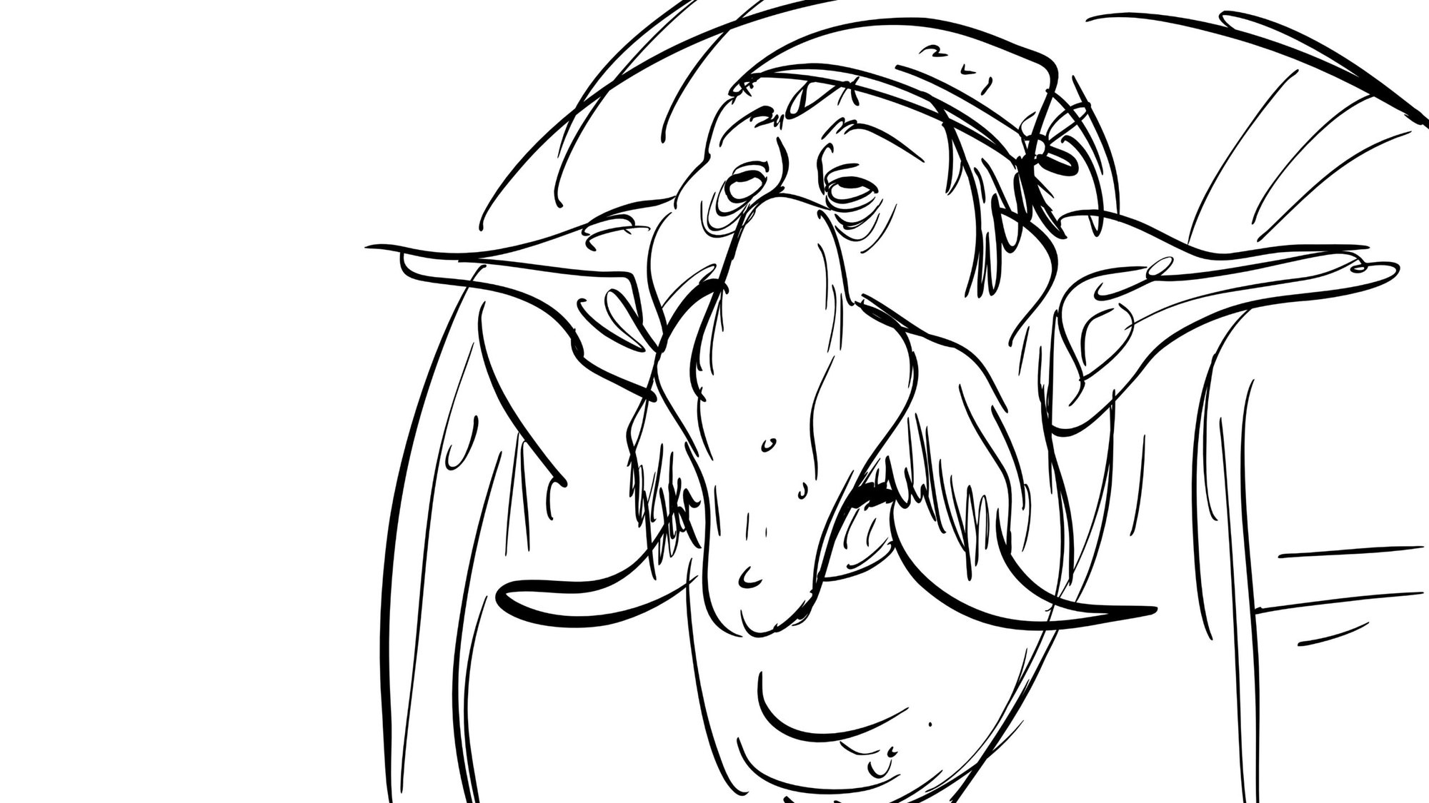 Line drawing of a droopy-nosed old goblin with long ears and a bandana
