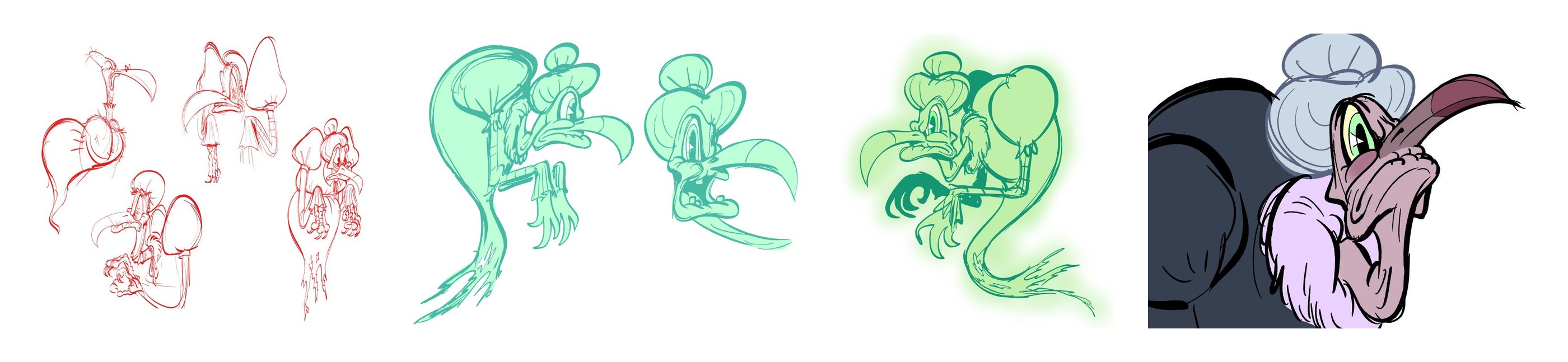 The vulture lady from Dead Broke in four stages: red pencil roughs, mint-green ghost designs, the glowing ghost, and the final color close-up