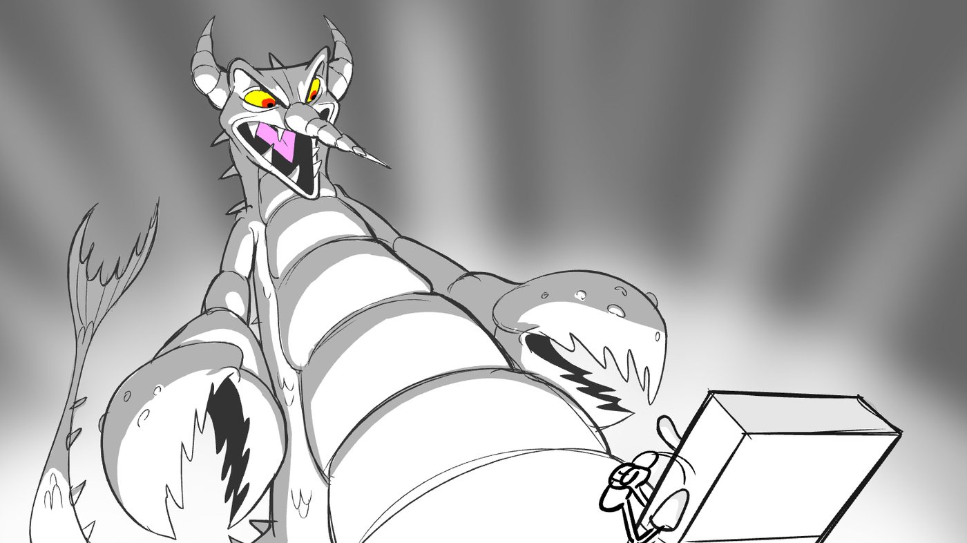 Storyboard panel: a horned sea monster towers over a tiny SpongeBob carrying a package