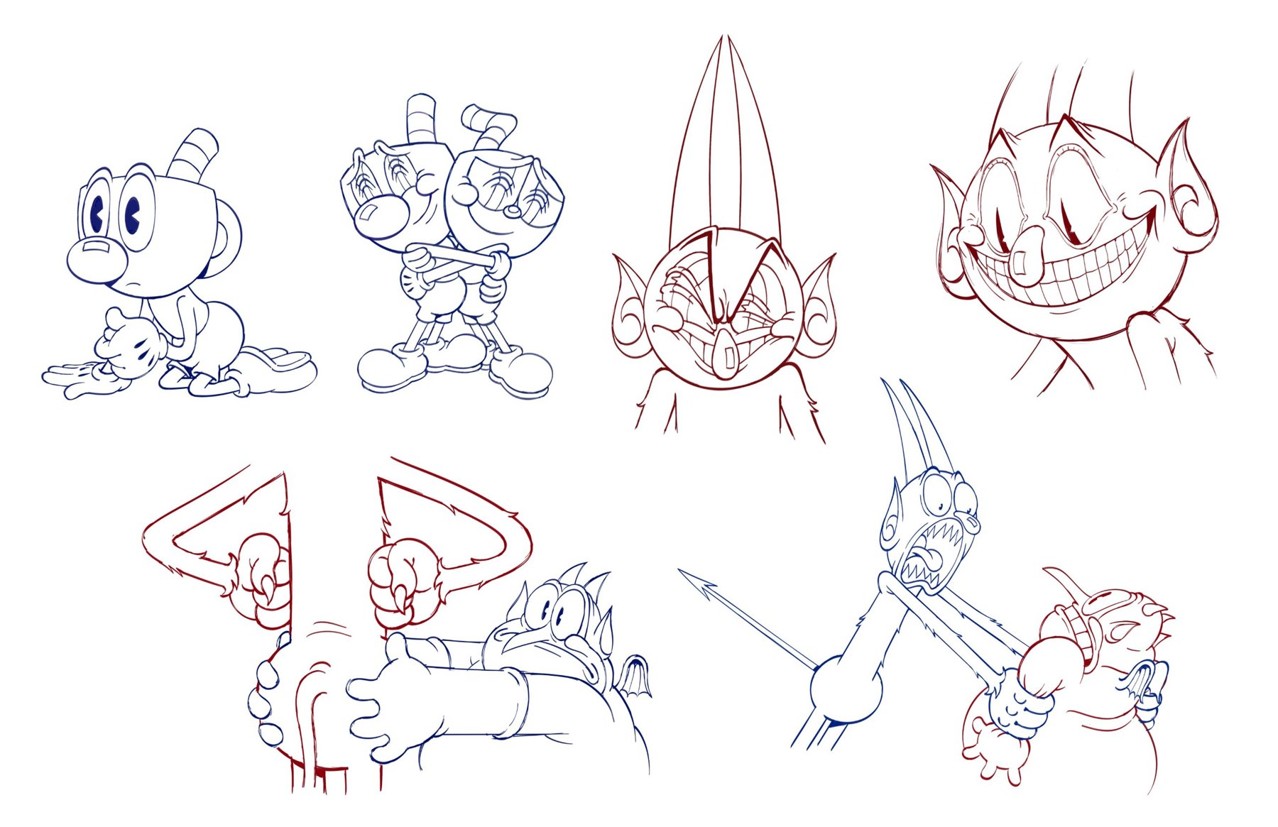 Cuphead and Mugman hugging, the Devil grinning, and a henchman cowering