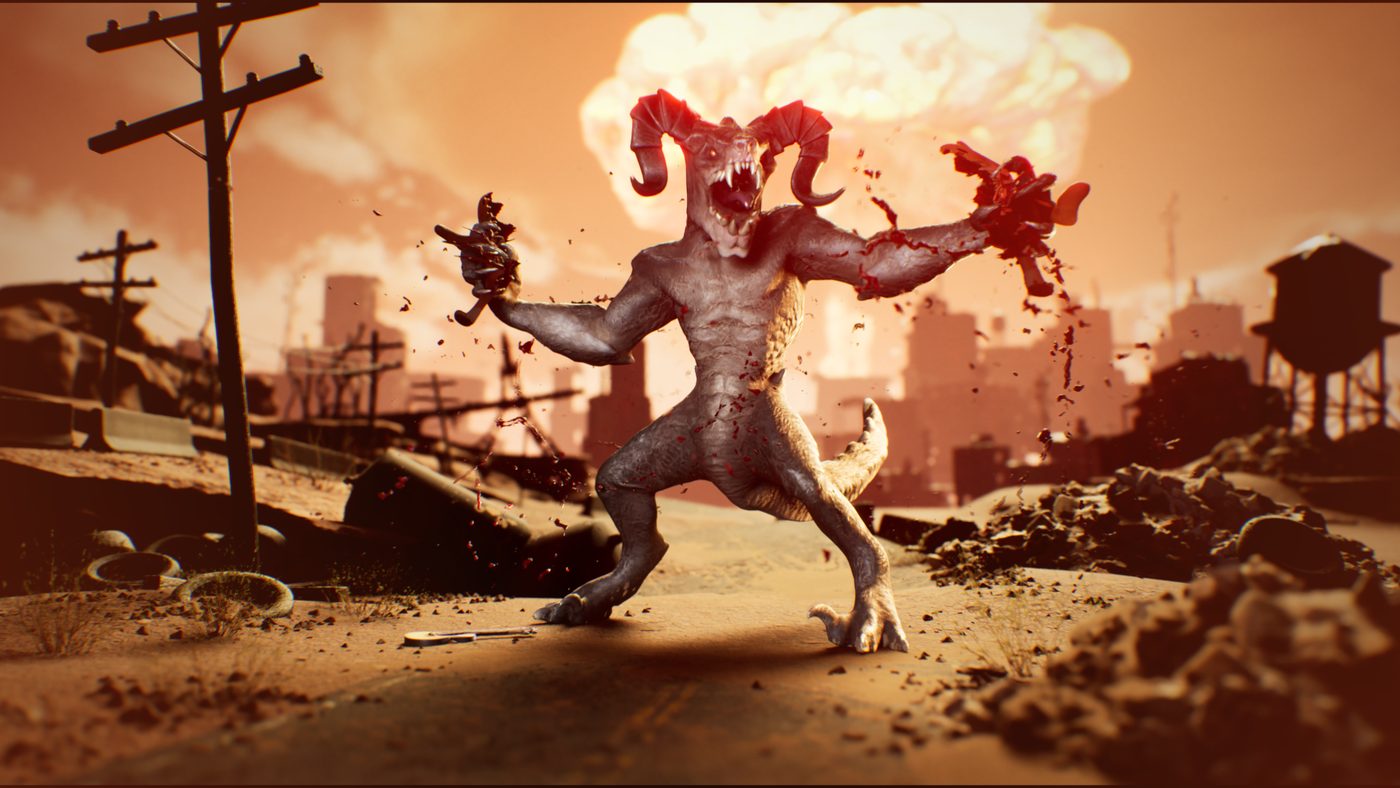 A Deathclaw roars over a burning wasteland, splattered with what is left of Kyle