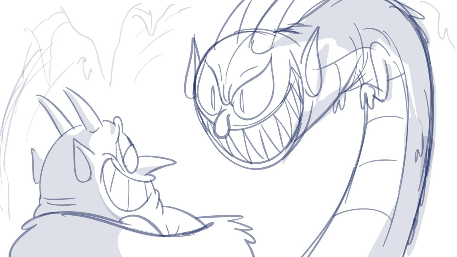 The serpent Devil grins as the henchman grins back