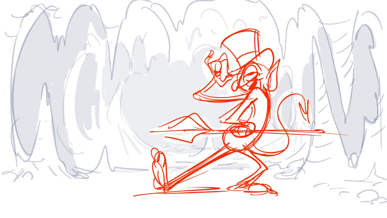 The Devil tips his top hat mid-strut, trident under his arm