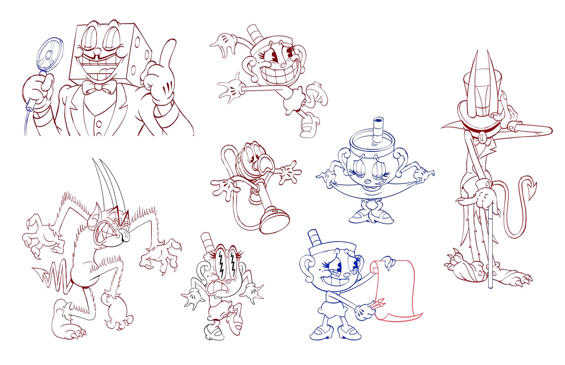 King Dice, Ms. Chalice, a startled Devil, and the Devil in a top hat