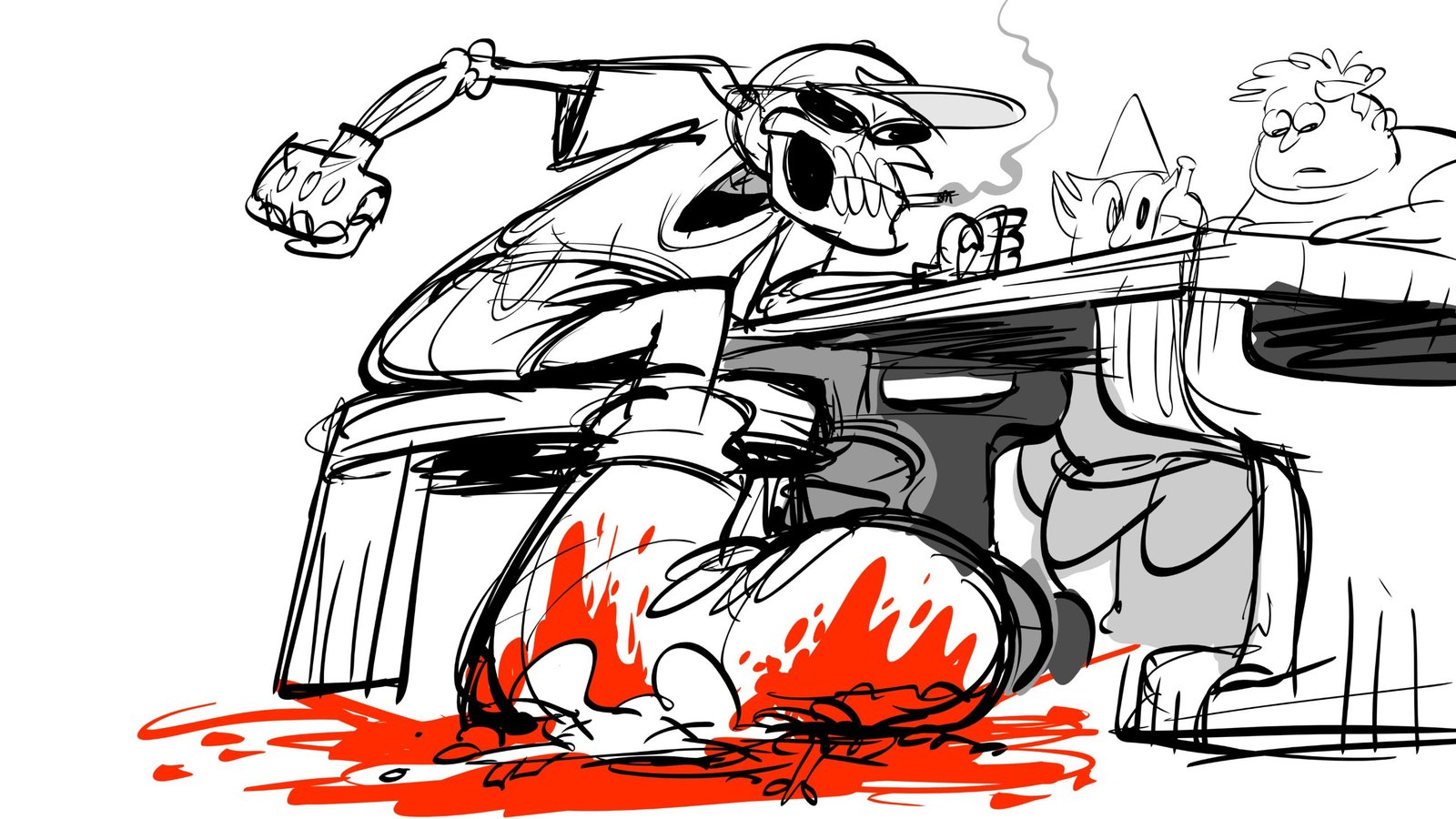 Board: the reaper crashes onto the bar stool in a splash of red
