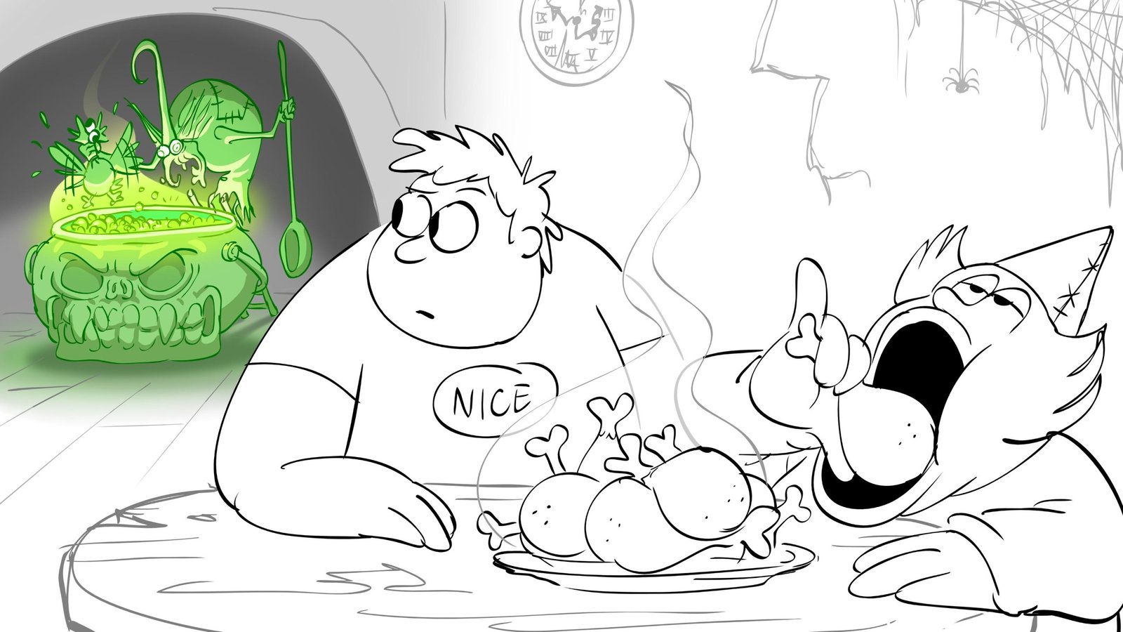 Board: Paddy eyes a witch at a glowing skull cauldron while his friend eats