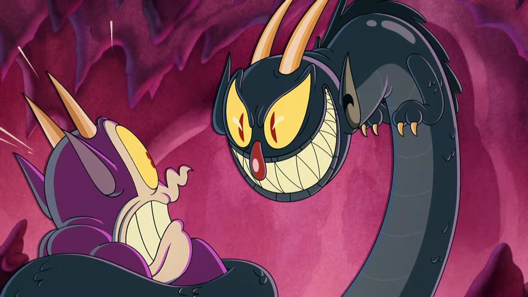 The Devil, coiled like a serpent, grins down at a startled purple Devil