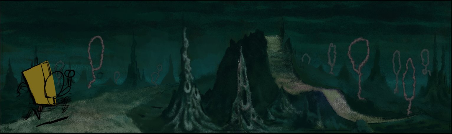 Color key panorama: SpongeBob runs through a murky green valley of spires