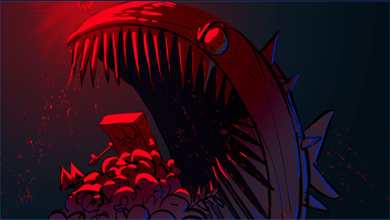 Color key: a traffic-light anglerfish hovers over fish walking on stilt fins