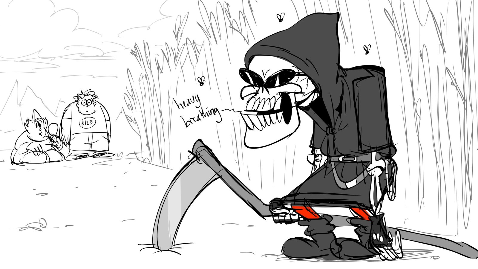 Board: a reaper in sunglasses breathes heavily as Paddy and a friend watch