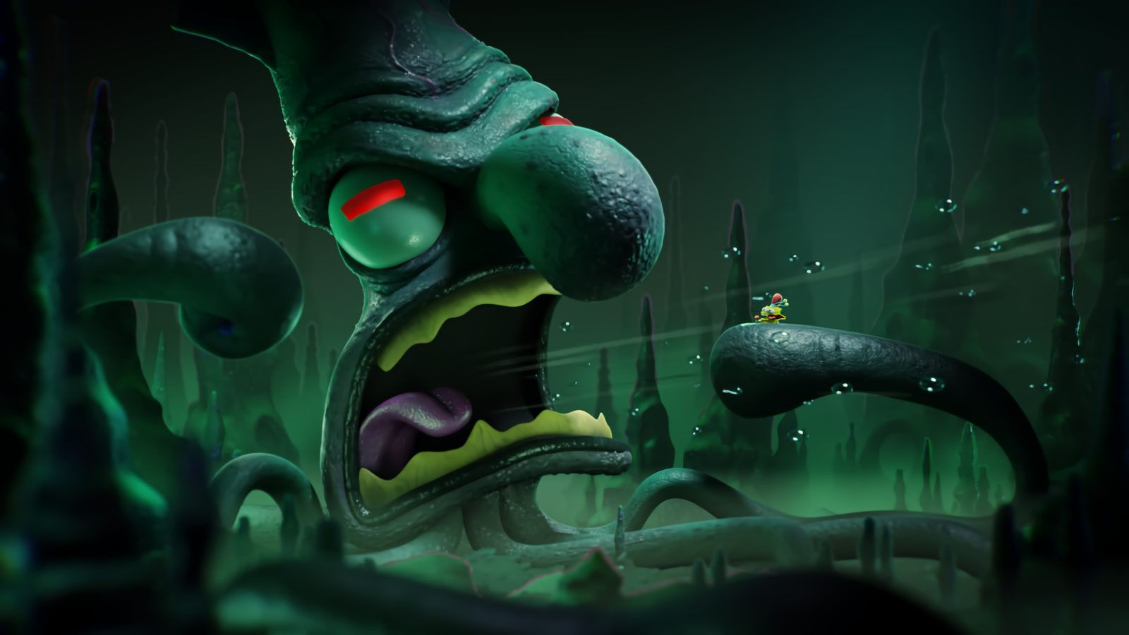 A giant sea creature looms over a tiny SpongeBob in the trench