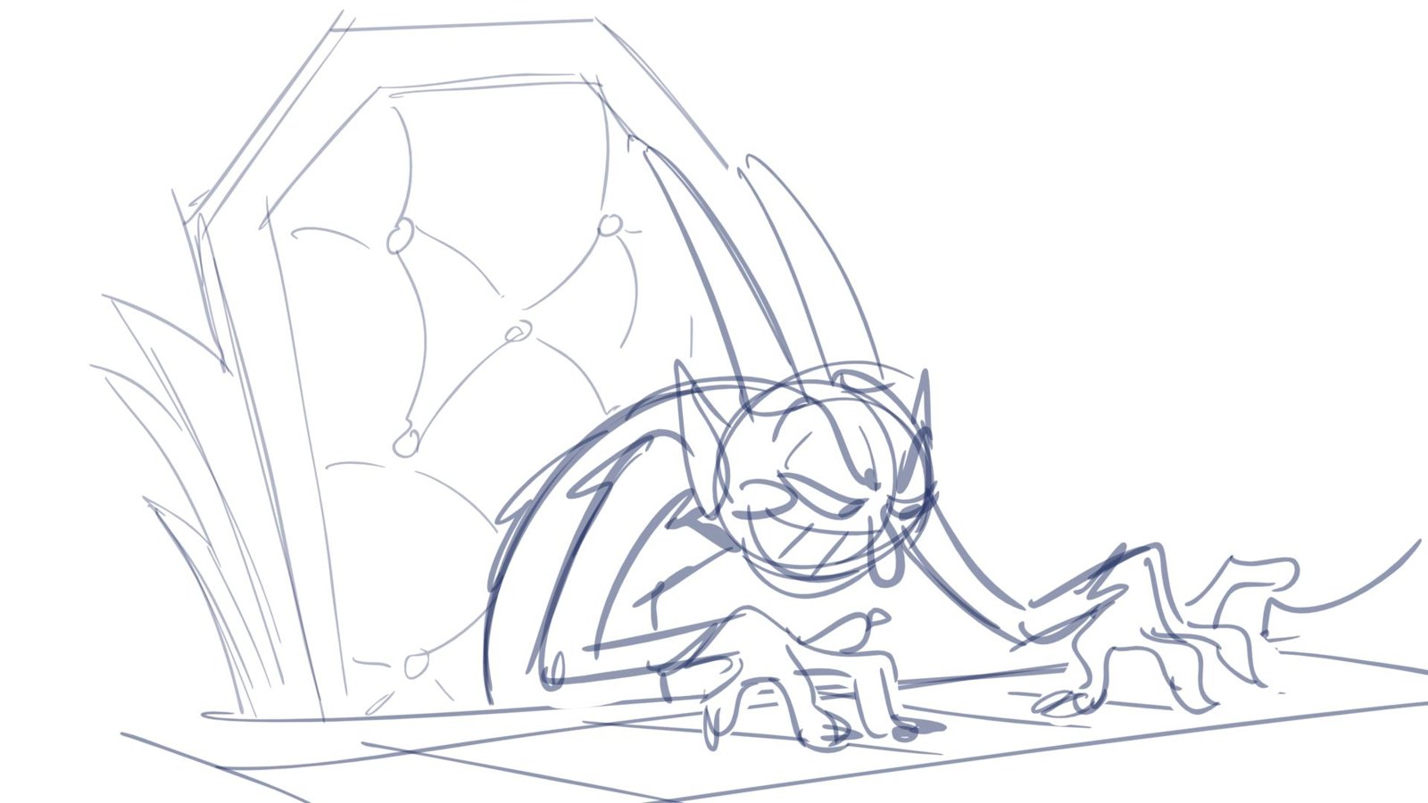 The Devil leans over a table, grinning and drumming his claws