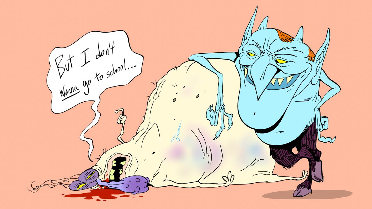 A blue demon leans on a huge pale blob that moans it doesn't wanna go to school