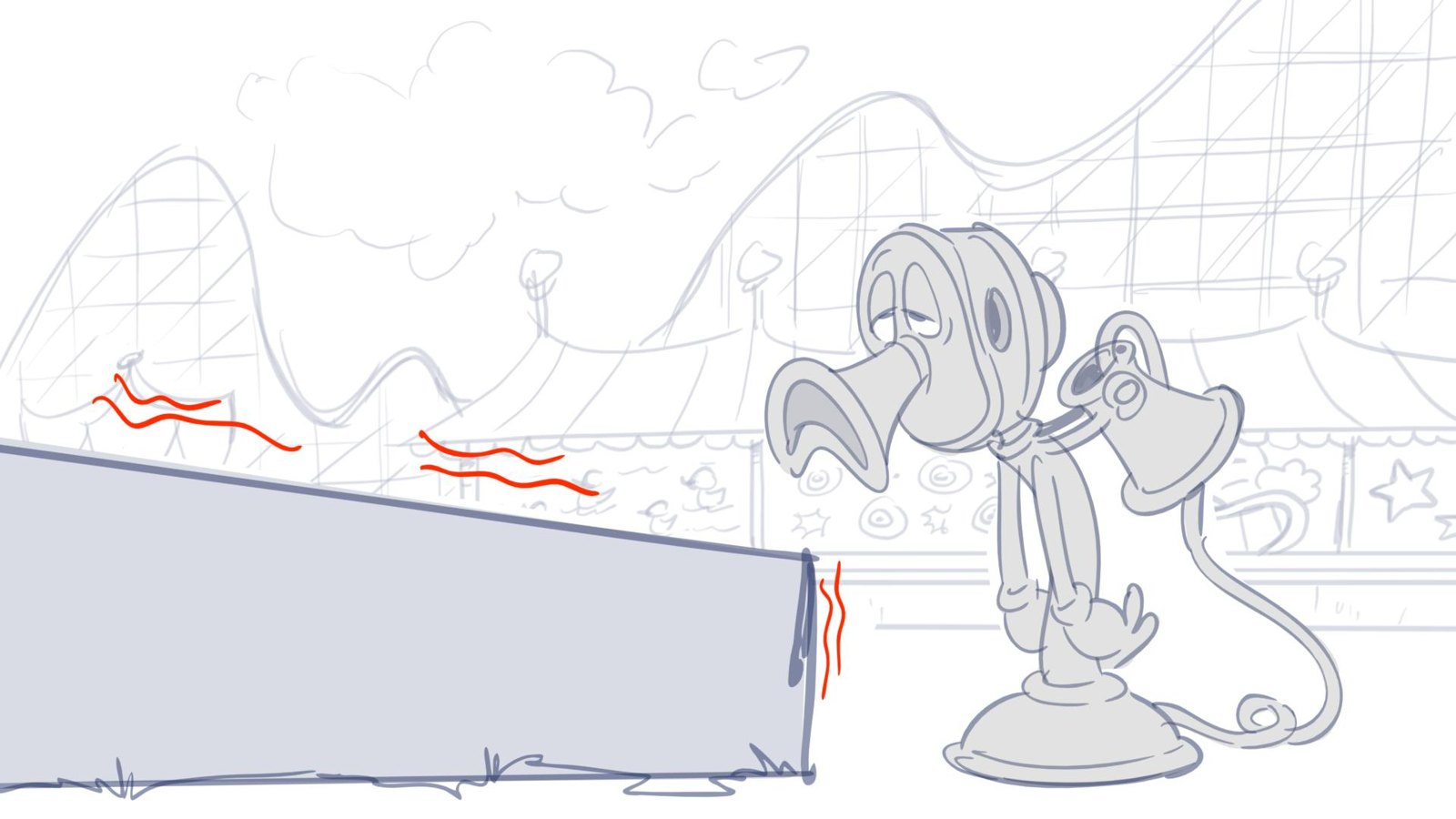 A weary candlestick telephone slumps beside a steaming cannon at the fair
