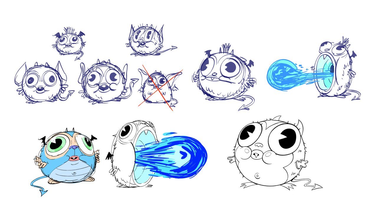 Puffball demon explorations, ending in a final color design breathing blue fire