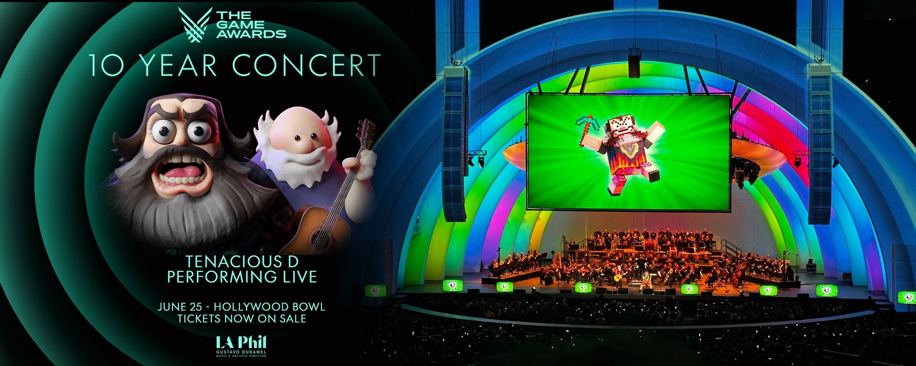 The Game Awards 10 Year Concert poster with Pinreel’s CG Jack and Kyle, fading into the Hollywood Bowl with the video on the big screen above the orchestra