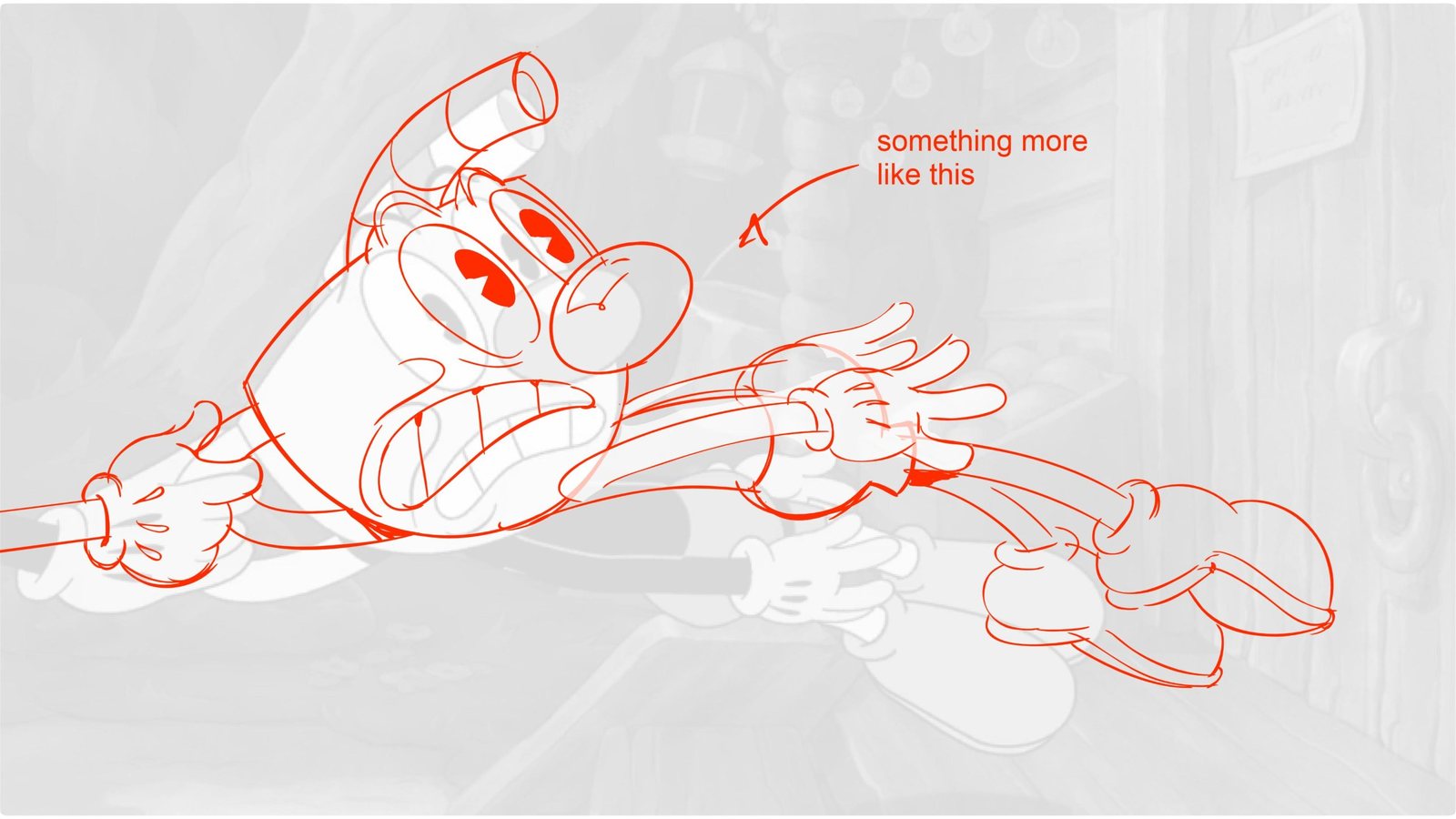 Red drawover correcting Cuphead's pose on a grey frame: something more like this