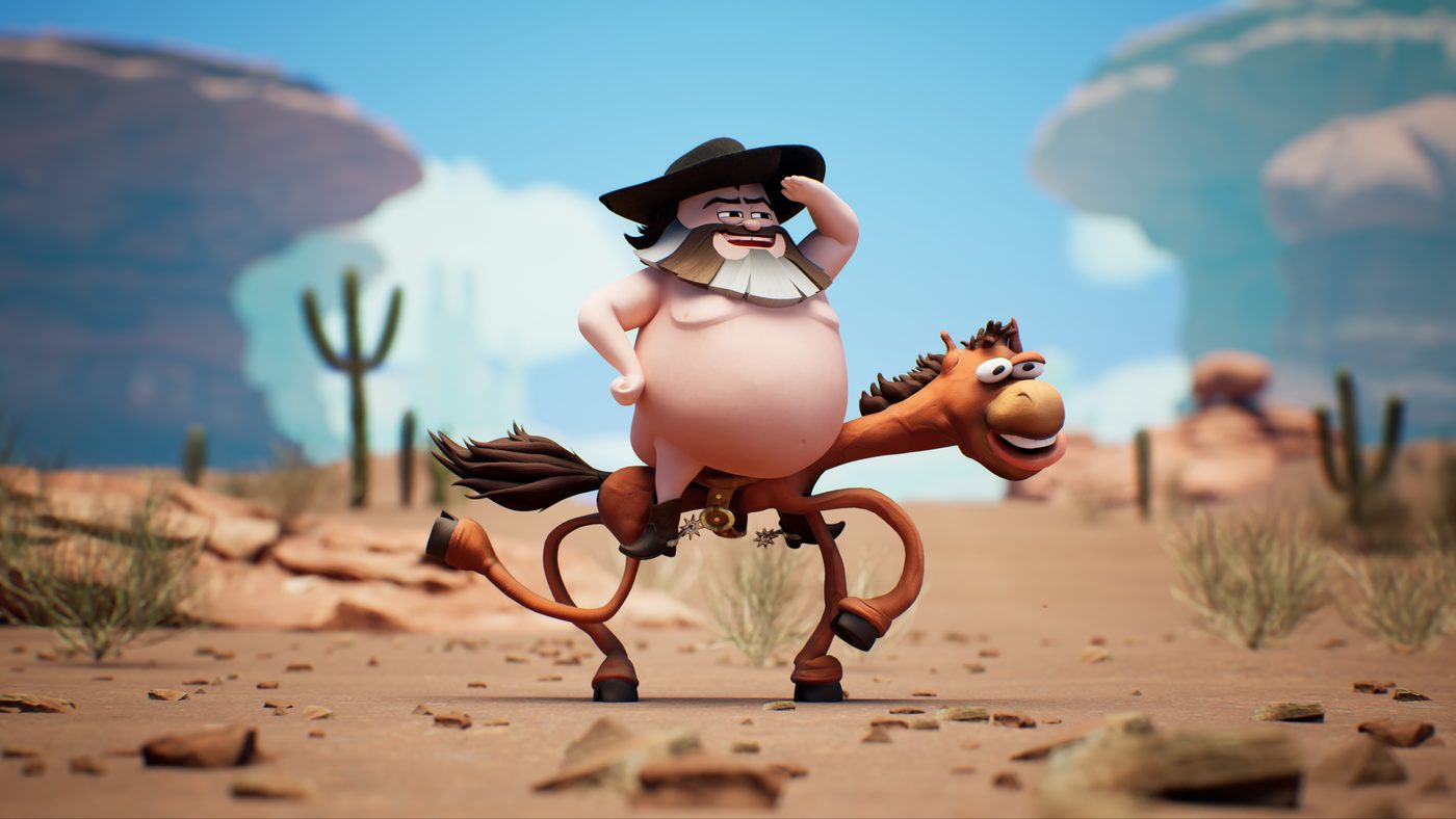 A naked cowboy Jack rides a rubbery grinning horse across the desert