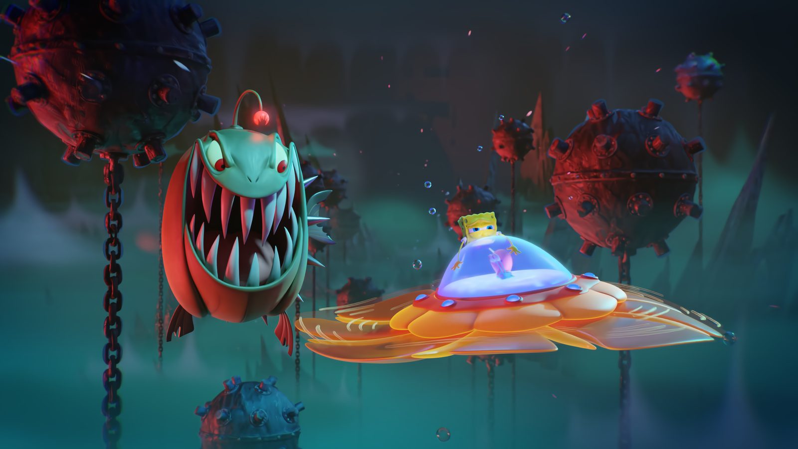 SpongeBob rides a glowing saucer past a giant fanged anglerfish