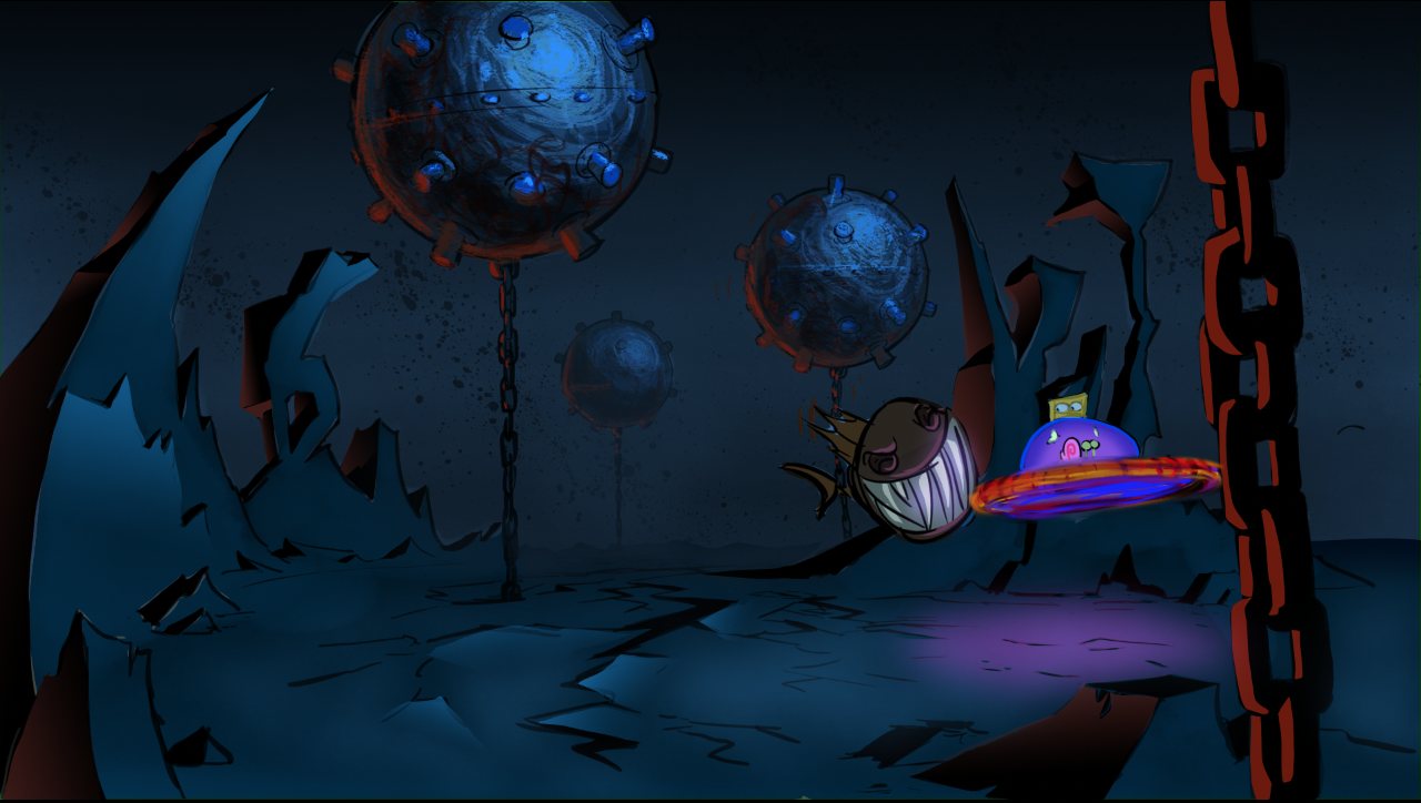 Painted color key of SpongeBob fleeing a fanged fish among sea mines